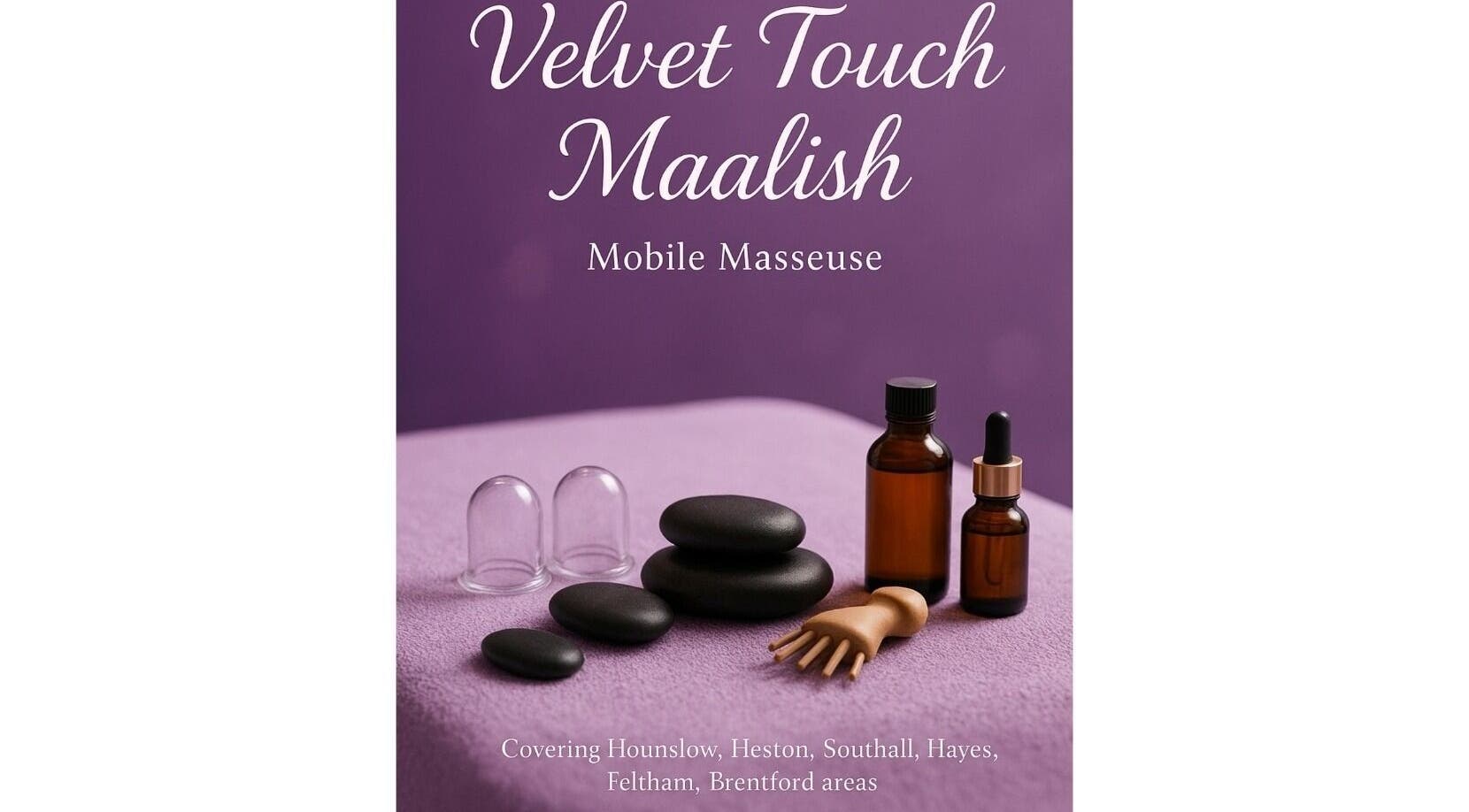Relaxing massage setup at Mobile - Velvet Touch Maalish, Hounslow, England, GB with oils and stones.