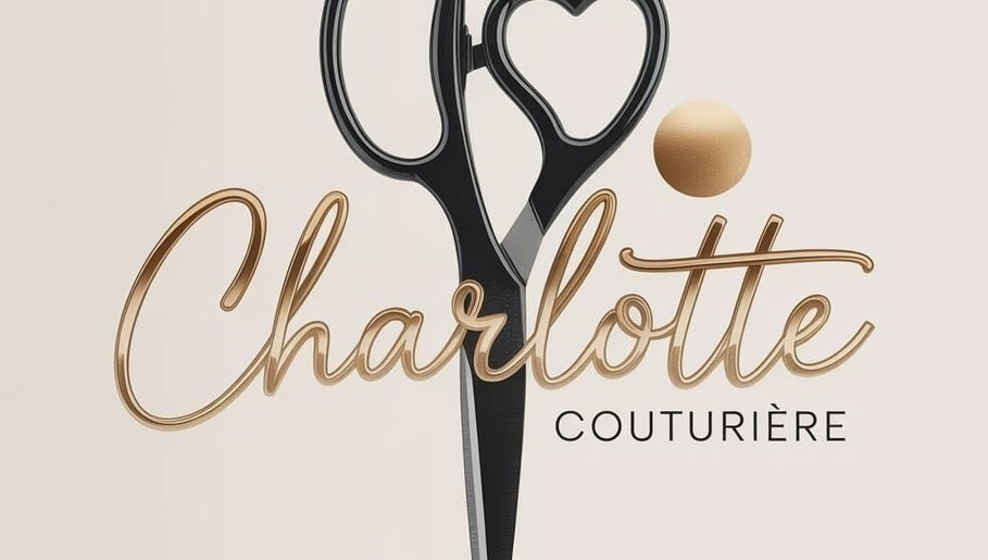 Logo elegante de Charlotte Couturière, Ixelles, Bruxelles, BE, com tesoura estilizada.