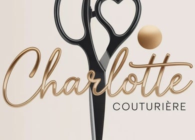 Logo elegante de Charlotte Couturière, Ixelles, Bruxelles, BE, com tesoura estilizada.