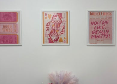 Framed wall art at ByKG Lashes & Brows, Swords, County Dublin, IE showcasing vibrant designs and positive messages.
