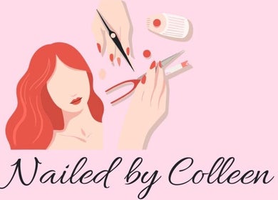 Stylish nail design at NailedbyColleen, Belfast, Northern Ireland, GB with tools and feminine illustration.