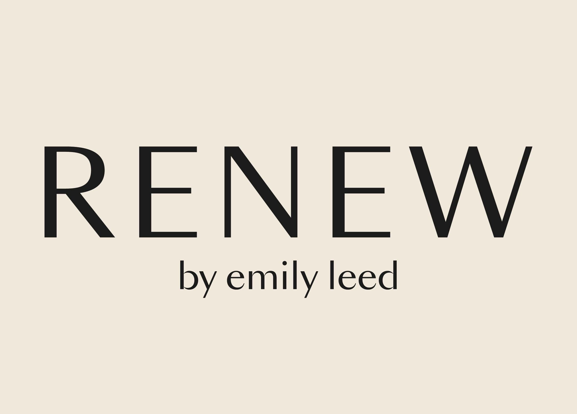 Renew by Emily Leed logo in Long Ditton, England, GB on a beige background.