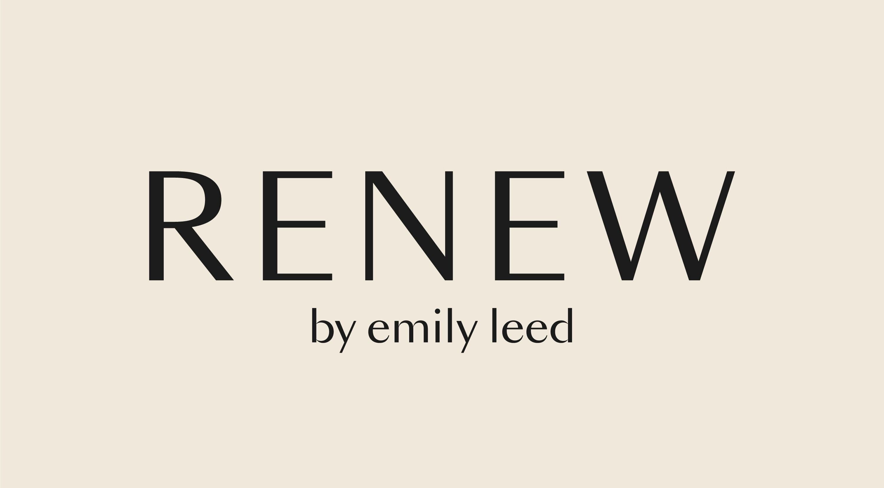 Renew by Emily Leed logo in Long Ditton, England, GB on a beige background.