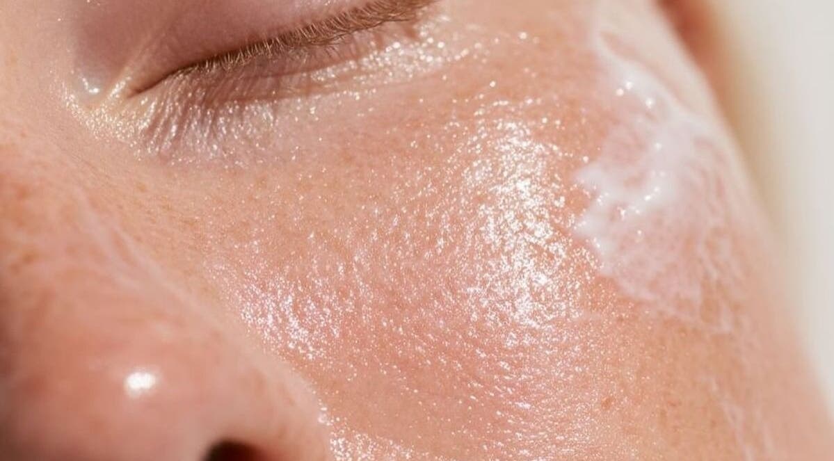 Close-up of radiant skin with cream at Renew by Emily Leed, Long Ditton, England, GB.