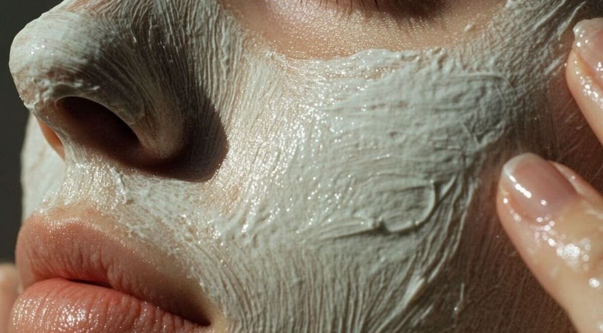 Smooth clay mask gently applied to face at Renew by Emily Leed, Long Ditton, England, GB for a radiant glow.