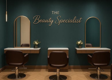 Chic salon interior at The Beauty Specialist, Hyde, England, GB featuring stylish mirrors and chairs.