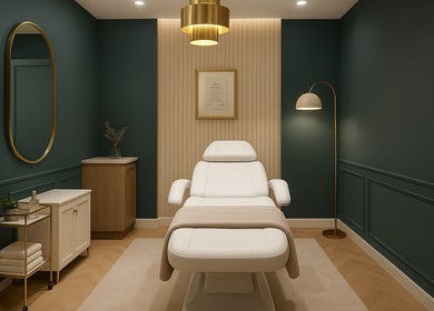 Elegant treatment room at The Beauty Specialist, Hyde, England, GB with luxurious decor and ambient lighting.