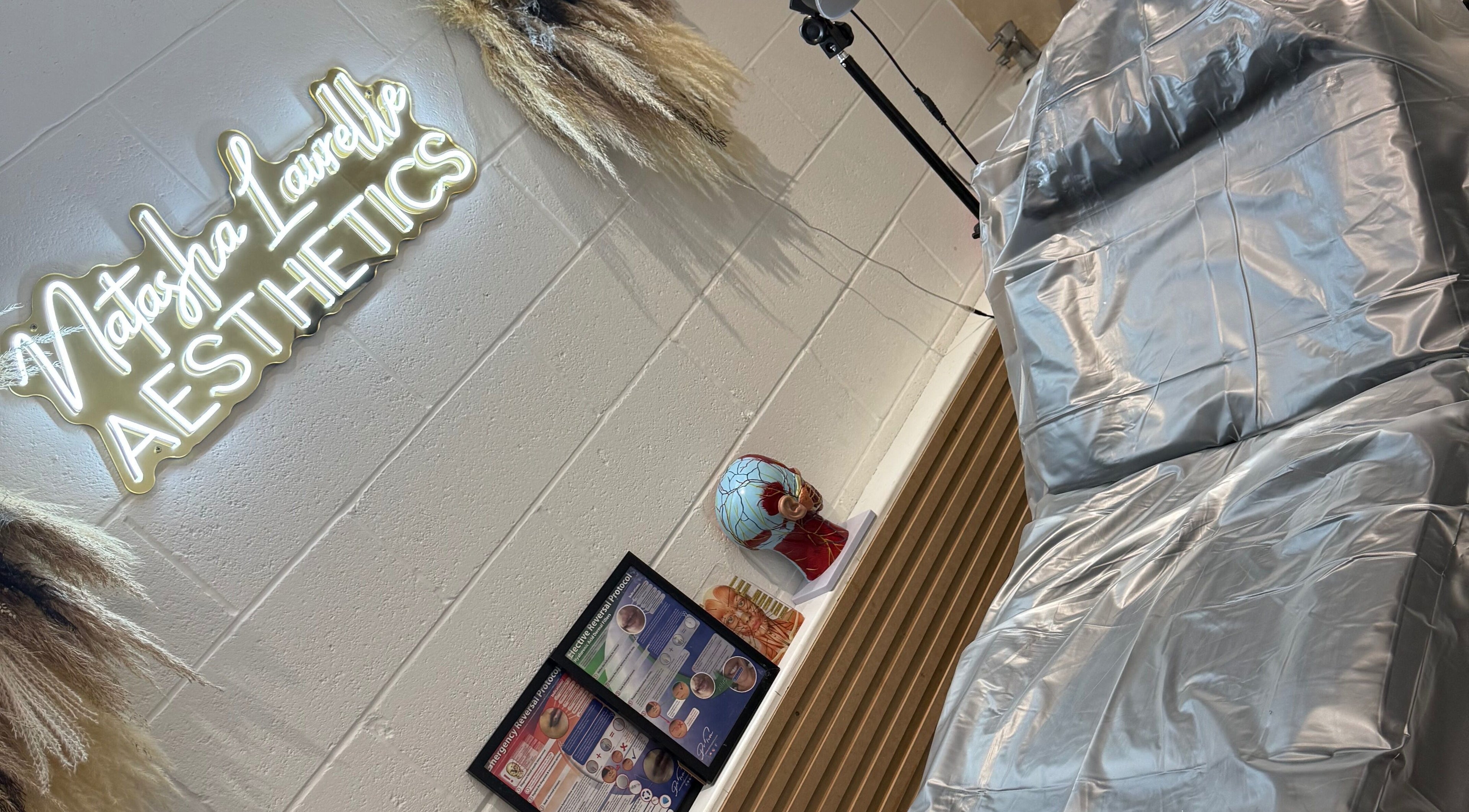 Aesthetic treatment room at The Beauty Specialist, Hyde, England, GB, featuring a treatment bed and decor.