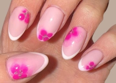 Elegant pink floral nail art at Ninetyseven, Dungannon, Northern Ireland, GB.