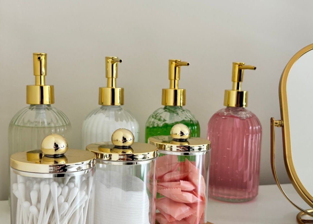 Luxurious glass dispensers at The Beauty Space by Katie Bancroft, Leicester, England, GB.