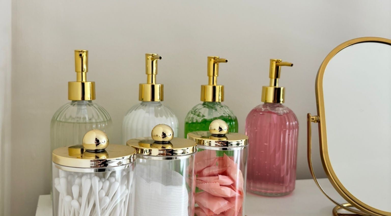 Luxurious glass dispensers at The Beauty Space by Katie Bancroft, Leicester, England, GB.