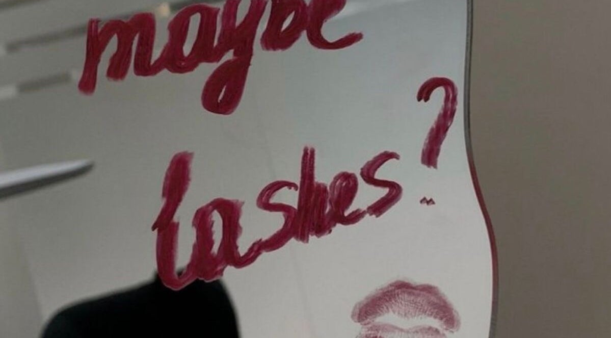 Mirror with 'maybe lashes?' written in lipstick at Lashed - by Bella, Hillcrest, Kwazulu-natal, ZA.