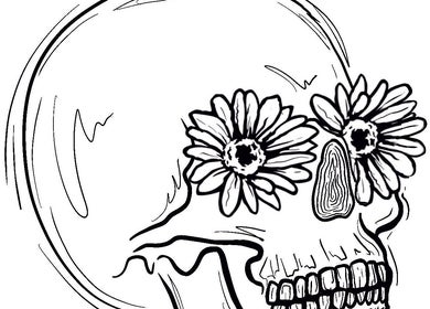 Artistic skull with daisy eyes at Jenn_inker, Milton Keynes, England, GB. Unique beauty decor.