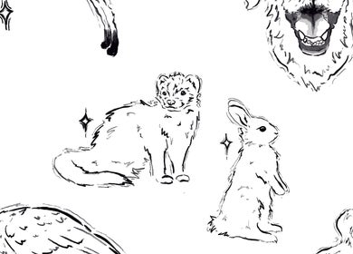 Black ink sketches of various animals, showcasing artistic charm at Jenn_inker, Milton Keynes, England, GB.