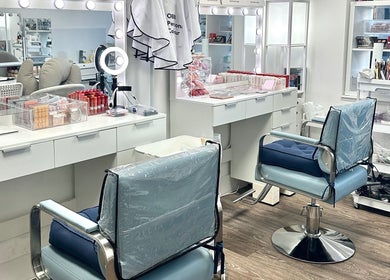 Beauty station at OBB Personal Colour, London, England, GB, showcasing chic salon setup with cosmetic tools.