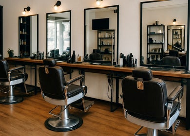 Elegant styling chairs and mirrors at KCuts, Sheboygan, US, showcasing a sophisticated salon interior.