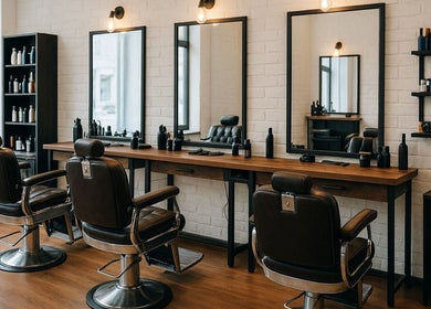 Elegant salon interior at KCuts, Sheboygan, US, featuring stylish barber chairs and sleek mirrors.