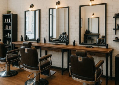 Elegant barber chairs and mirrors at KCuts in Sheboygan, US, offering a modern hair styling experience.