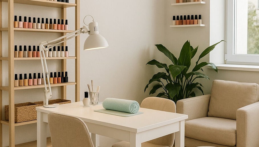 Modern manicure setup at Bonolo Beauty Parlour, Akasia, Gauteng, ZA featuring nail polishes and cozy seating.