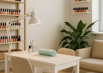 Modern manicure setup at Bonolo Beauty Parlour, Akasia, Gauteng, ZA featuring nail polishes and cozy seating.
