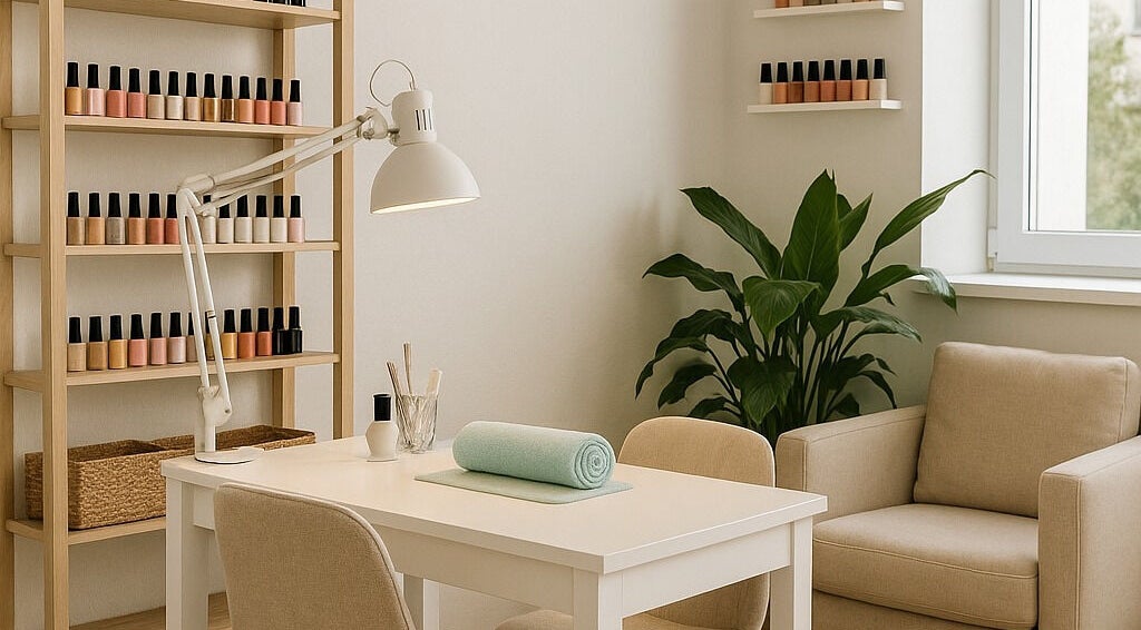 Modern manicure setup at Bonolo Beauty Parlour, Akasia, Gauteng, ZA featuring nail polishes and cozy seating.