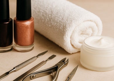 Manicure tools, polish, and cream at Bonolo Beauty Parlour, Akasia, Gauteng, ZA.