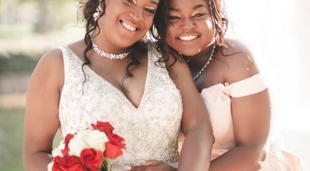 Smiling brides at Yours Truly, Jace, Los Angeles, California, US, embracing in elegant gowns.