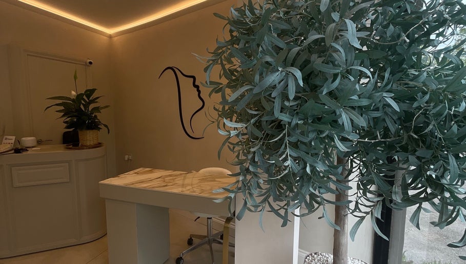 Tranquil reception at Haus of Nails, Birmingham, England, GB, with stylish decor and lush plants.