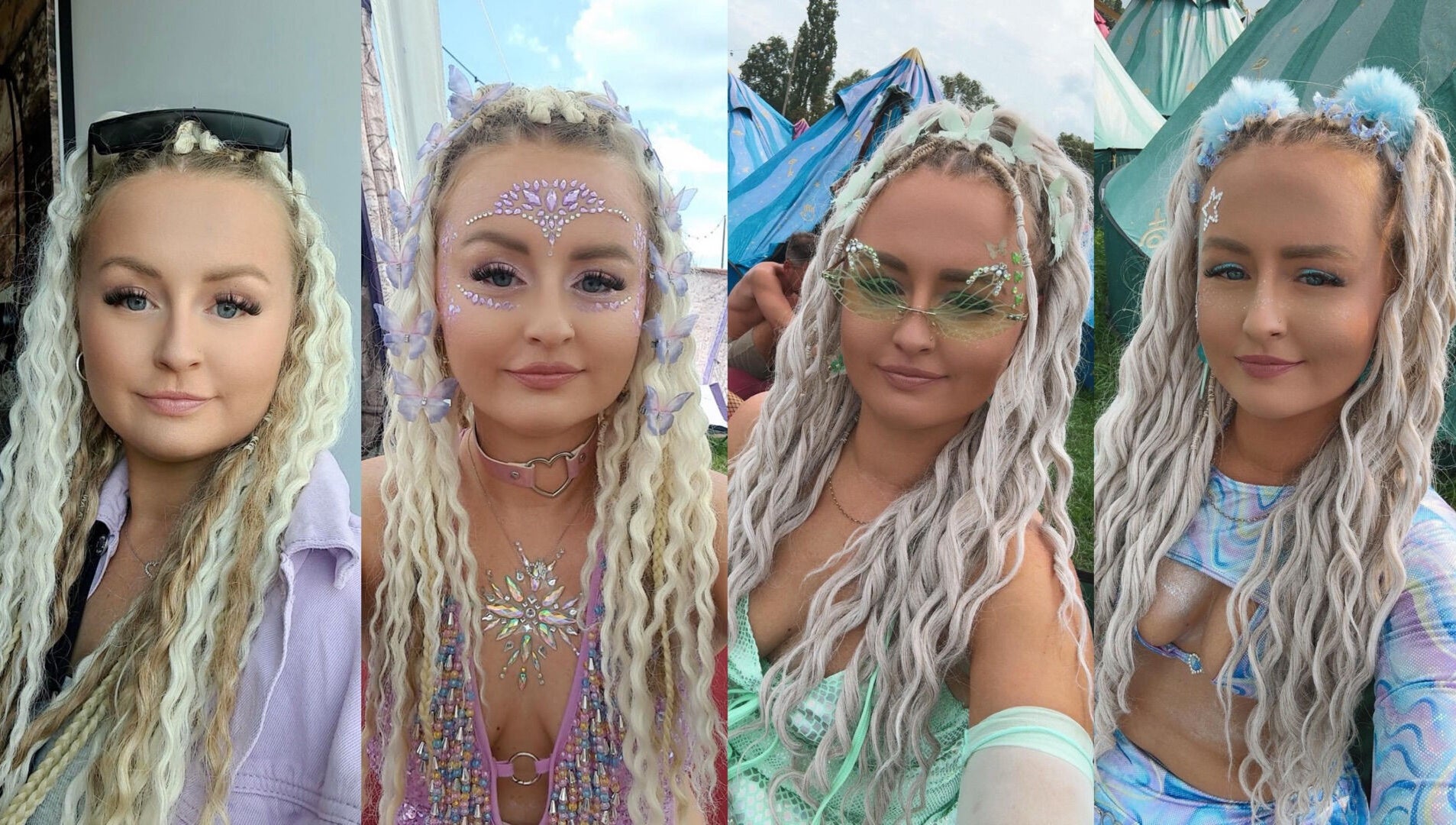 Five vibrant hairstyles at Braids, Waves, Dreads in Kilmarnock, Scotland, GB. Perfect for festival flair.