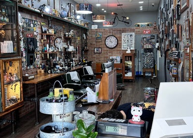 Eclectic interior of Suzathebarber, a stylish barbershop in Millner, Northern Territory, AU.