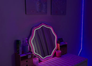 Neon-lit vanity at BeautyBlessed Co, Baldivis, Western Australia, AU. Aesthetic and inviting beauty space.