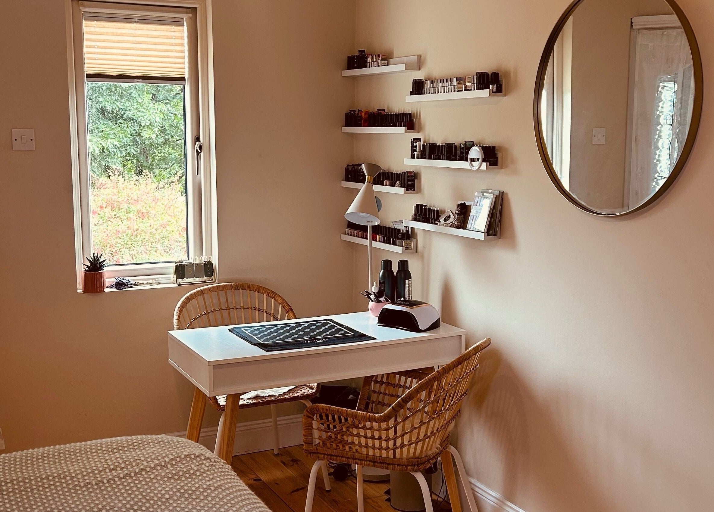 Stylish beauty room at Beauty Number 7, Kilmacthomas, County Waterford, IE, with nail station and decor.