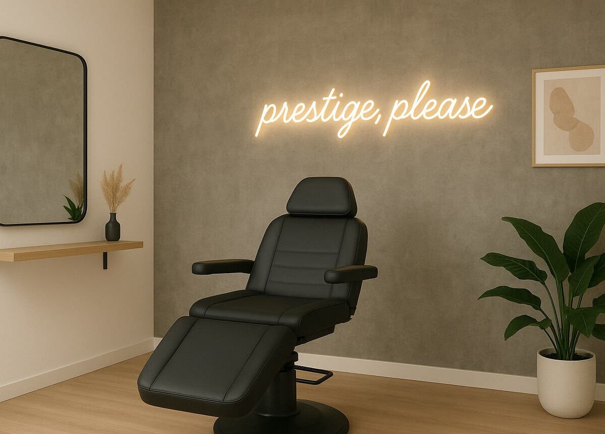 Elegant eyebrow salon chair at PRESTIGE EYEBROWS, San Jose, California, US, with chic decor.