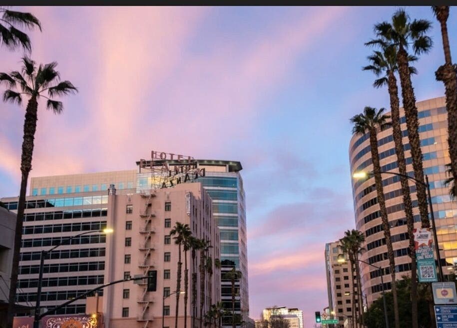Cityscape near Prestige Eyebrows in San Jose, California, US with palm trees against a pink sky.