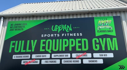 Urban Sports Fitness signboard at Royal Leamington Spa, England, highlighting facilities.