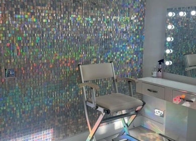 Chic salon chair and illuminated mirror at Paula & Zoe Hairdressing in Banchory, Scotland, GB.