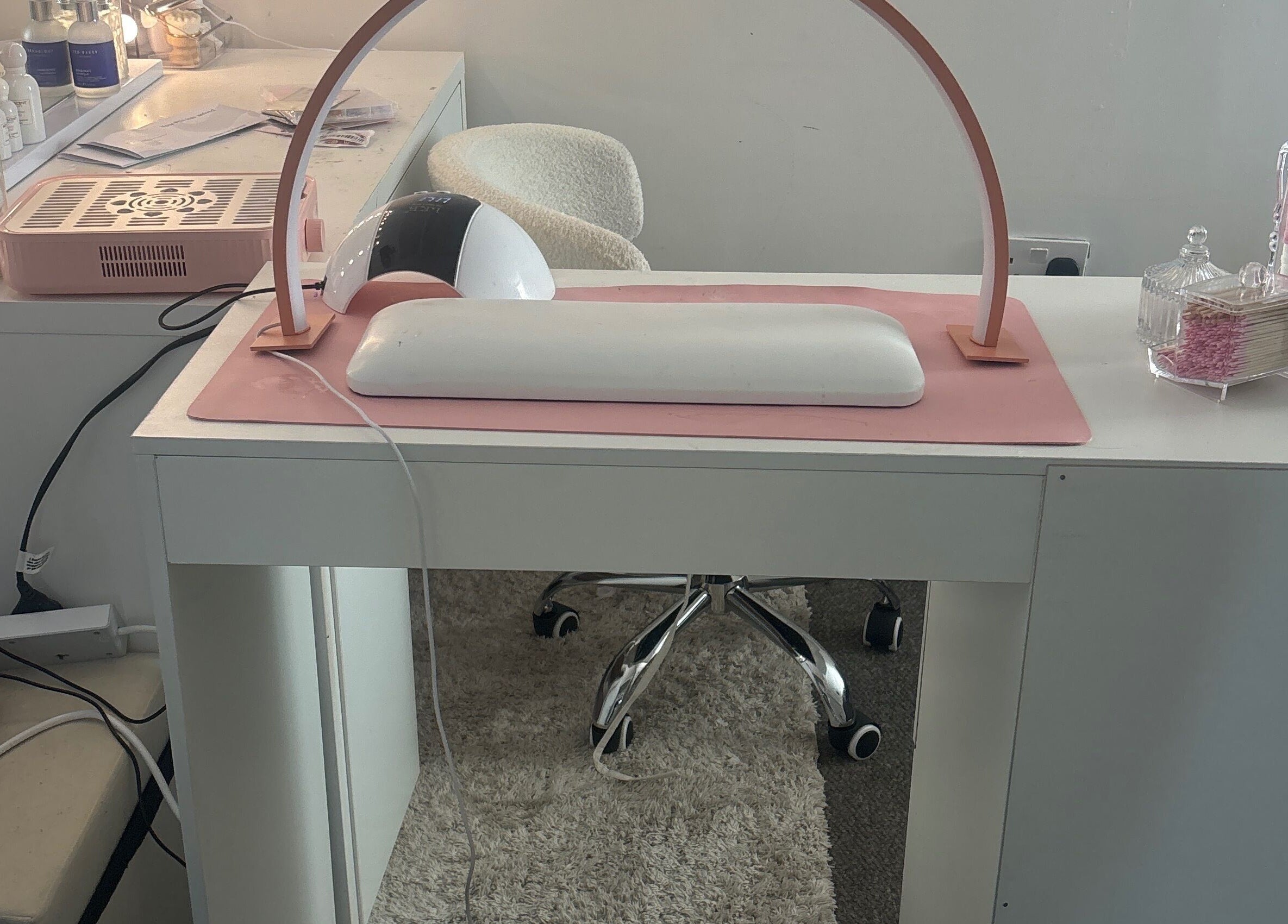 Chic nail station at Nails by ells, Forest Row, England, GB with manicure tools and modern decor.