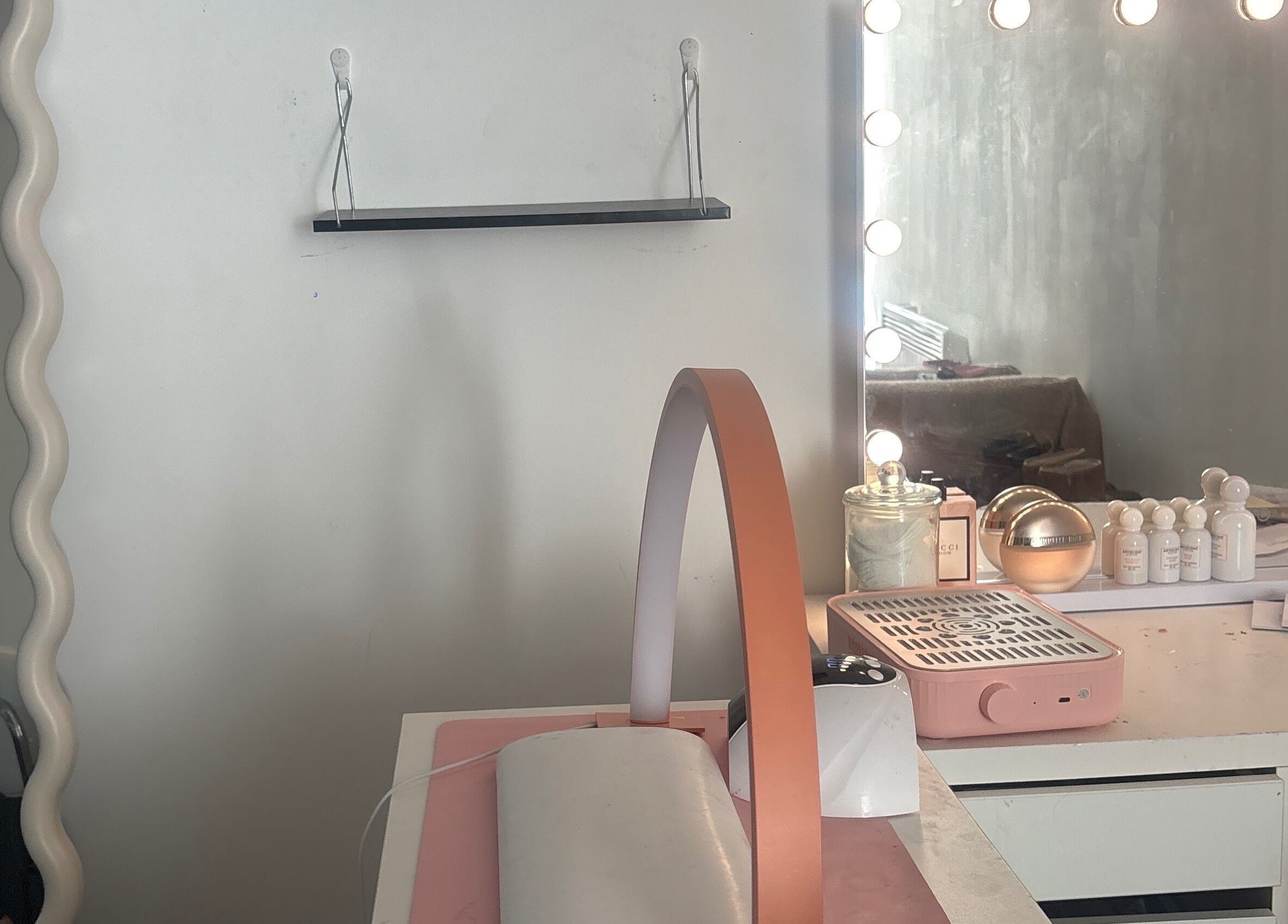 Chic nail station at Nails by ells in Forest Row, England, GB with stylish decor and beauty products.