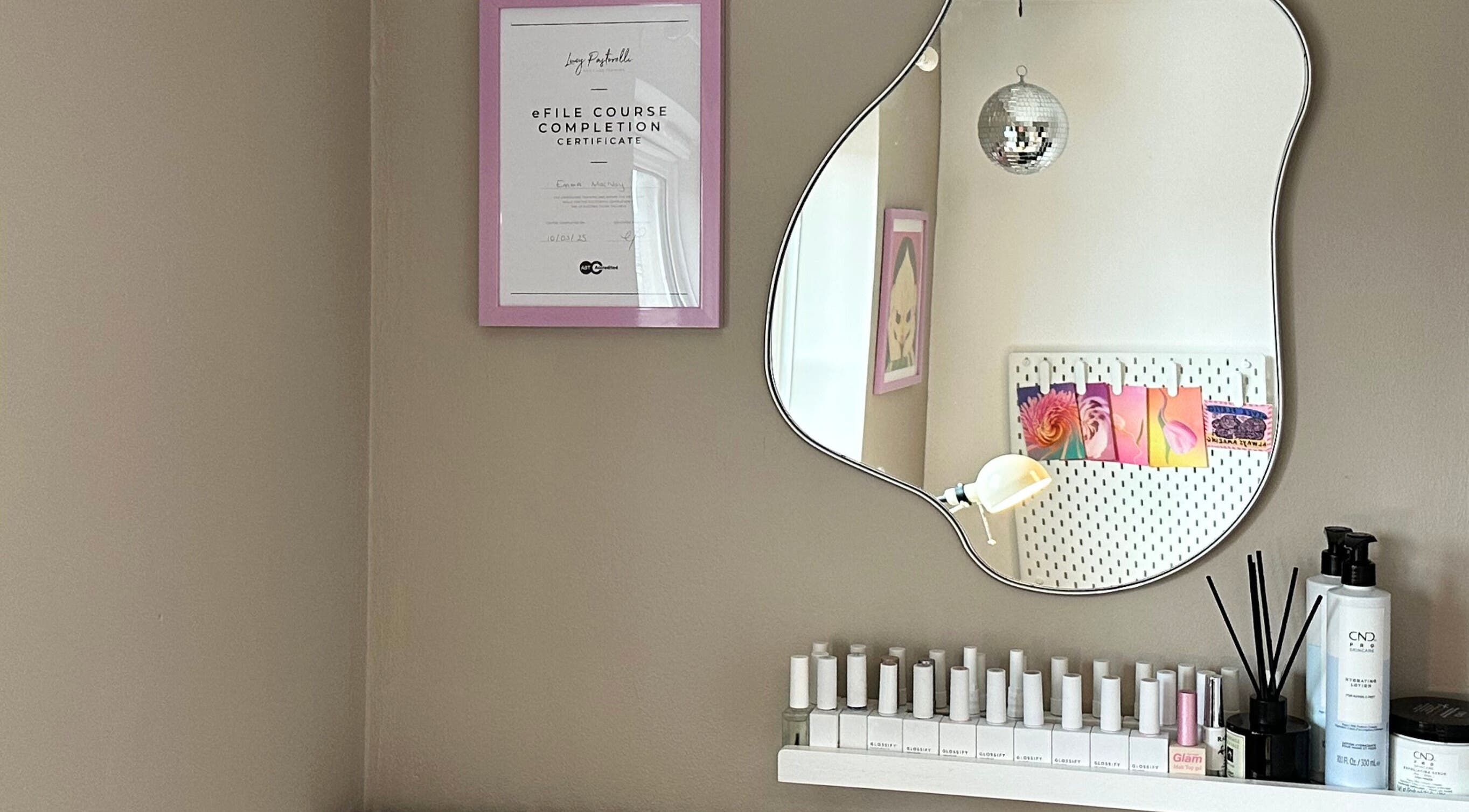 Decorative mirror and beauty products at My Nail Muse, Sheffield, England, GB blend style with elegance.