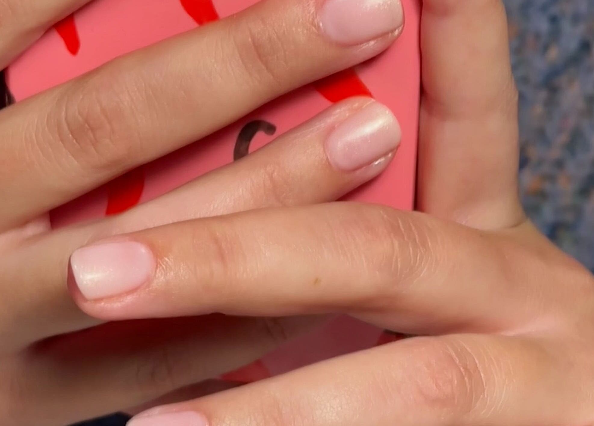 Close-up of elegant pink nails at My Nail Muse, Sheffield, England, GB.