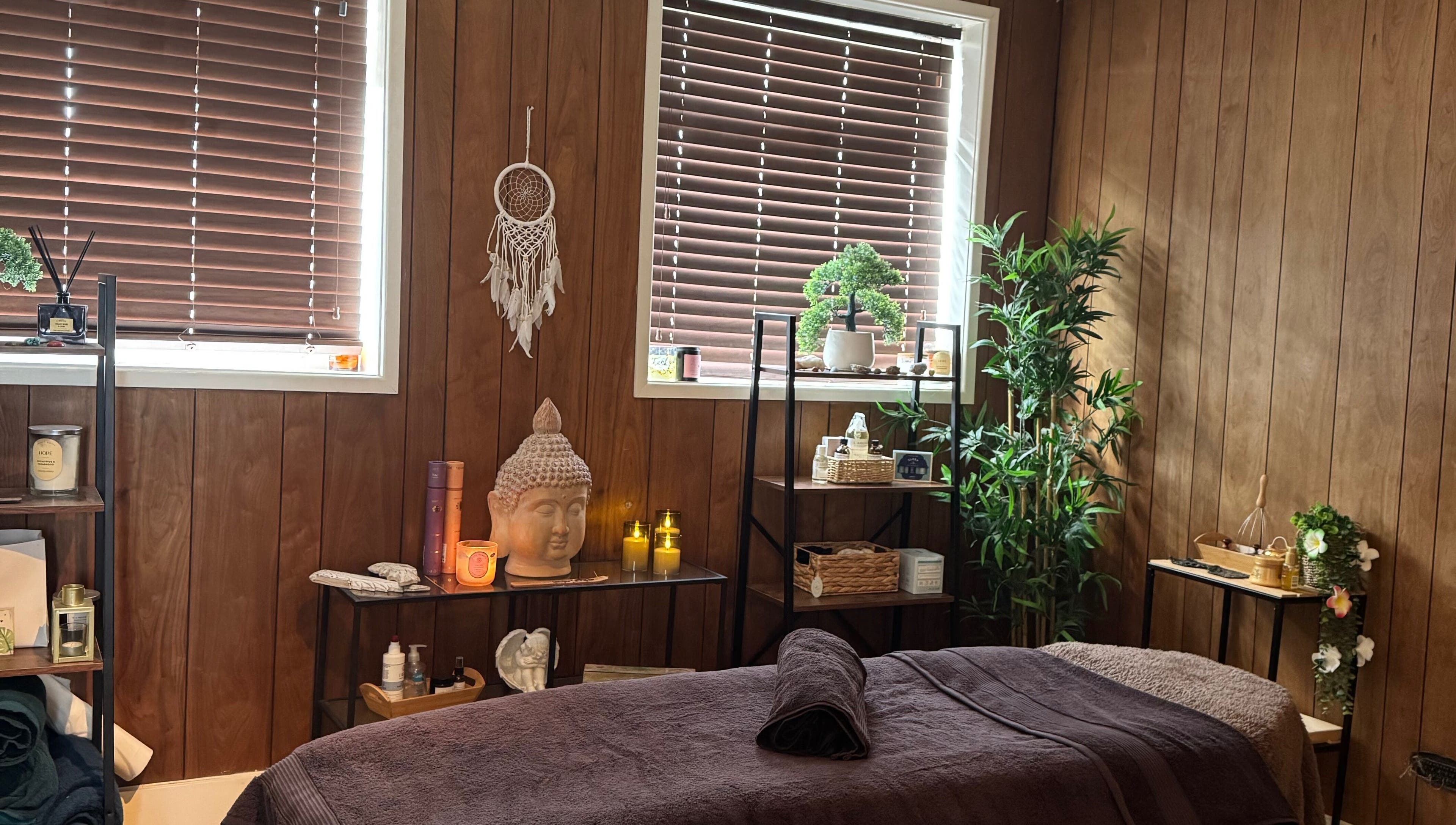 Relaxing massage room at SACRED FLOW BY RACHEL (Lydiate lounge 83), Lydiate, England, GB with serene decor.