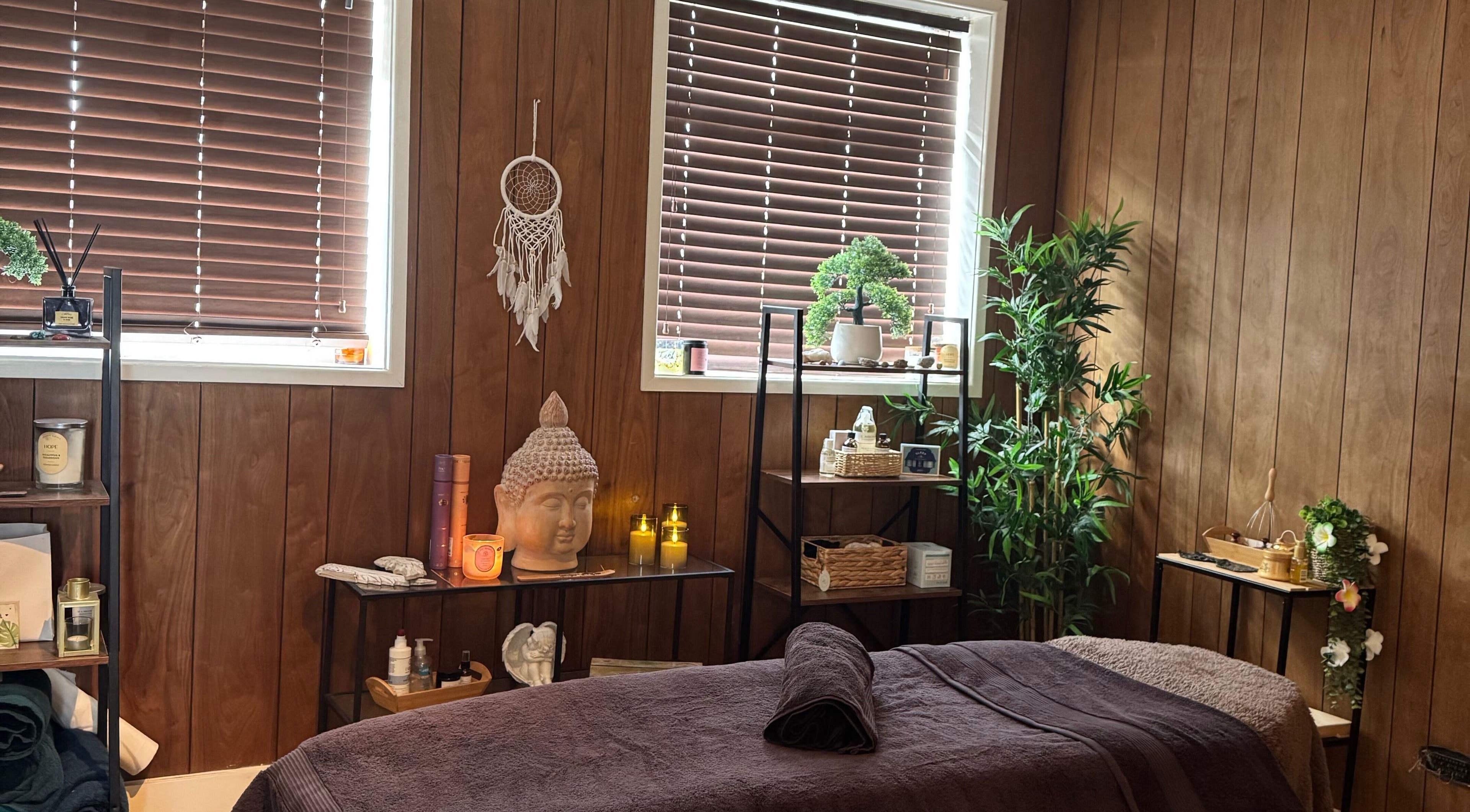 Relaxing massage room at SACRED FLOW BY RACHEL (Lydiate lounge 83), Lydiate, England, GB with serene decor.