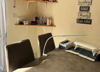Sha-Nails beauty workstation in Ramsey, GB with manicure tools and cozy decor for a relaxing experience.