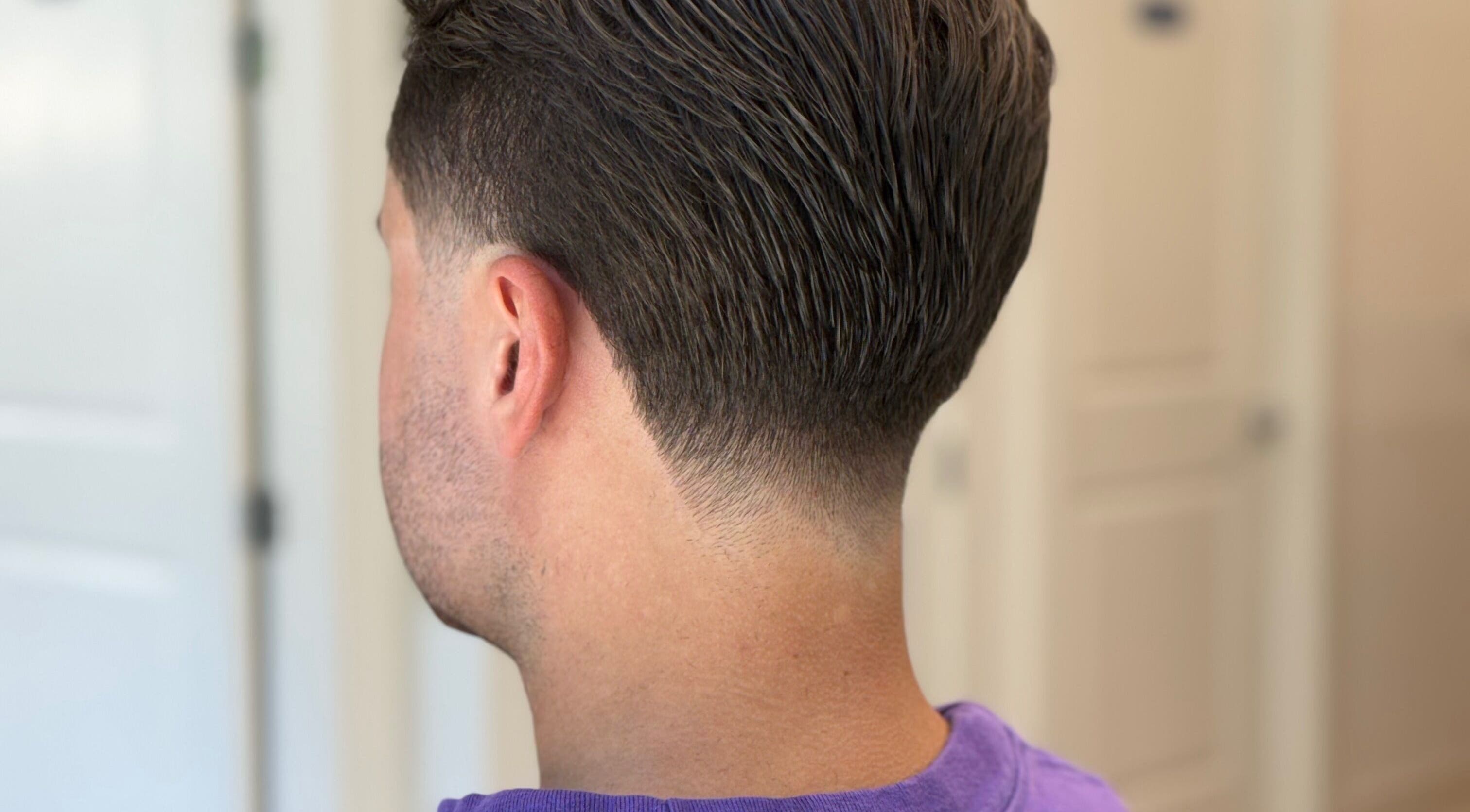 Close-up of a sleek fade haircut at DUKES TRADITIONAL BARBERSHOP, Canby, Oregon, US.
