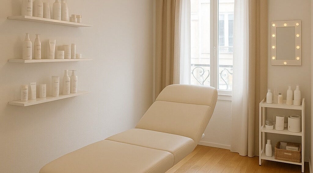 La sala trattamenti di WeBeauty by Njomza a St. Gallen, Sankt Gallen, CH, con lettino e prodotti di bellezza.