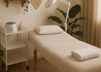 Relaxing treatment room at Ocean Breeze Mobile Studio, Colac, Victoria, AU with massage table and tranquil decor.