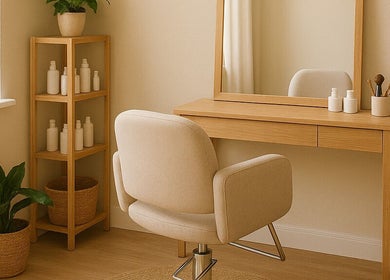 Ocean Breeze Mobile Studio cozy beauty corner with mirror and chair in Colac, Victoria, AU.