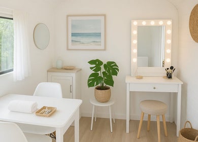 Bright interior of Ocean Breeze Mobile Studio in Colac, Victoria, AU with makeup station and calming decor.