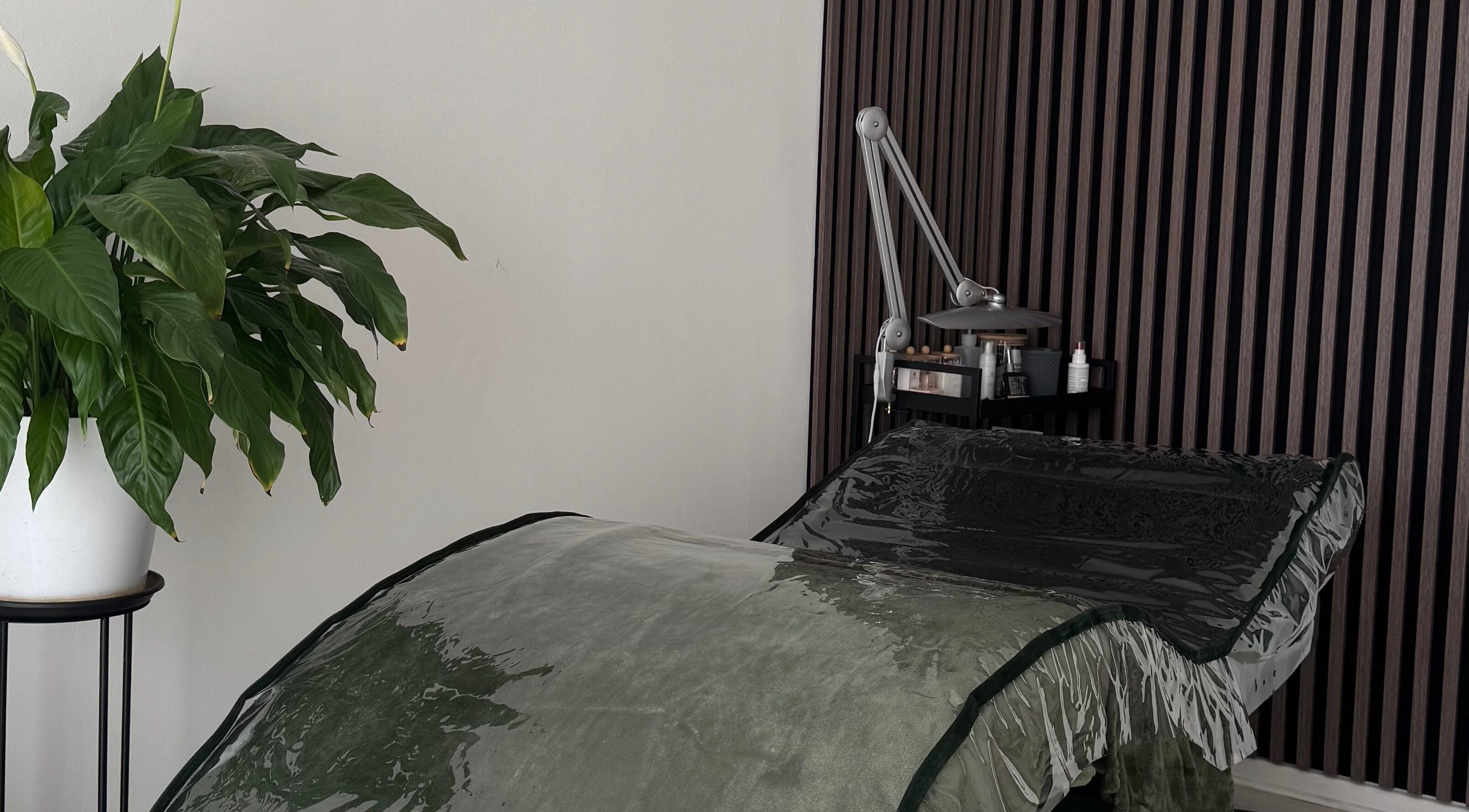 Relaxing spa bed setup with green plant at The Lash Lab by Karina, Chatham, England, GB.