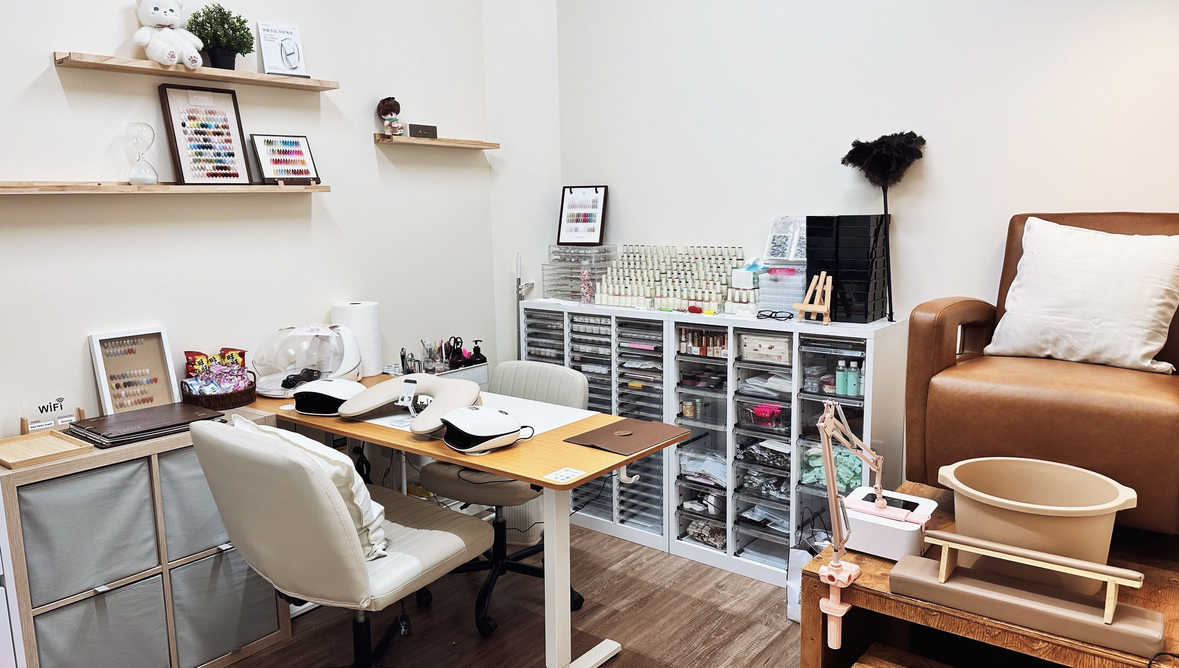 Modern nail studio at One Drop Studio in Arcadia, California, US, featuring manicure and pedicure stations.